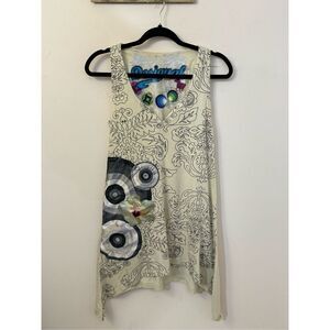 Desigual Y2K Cream Floral Embellished Tunic Tank Top S